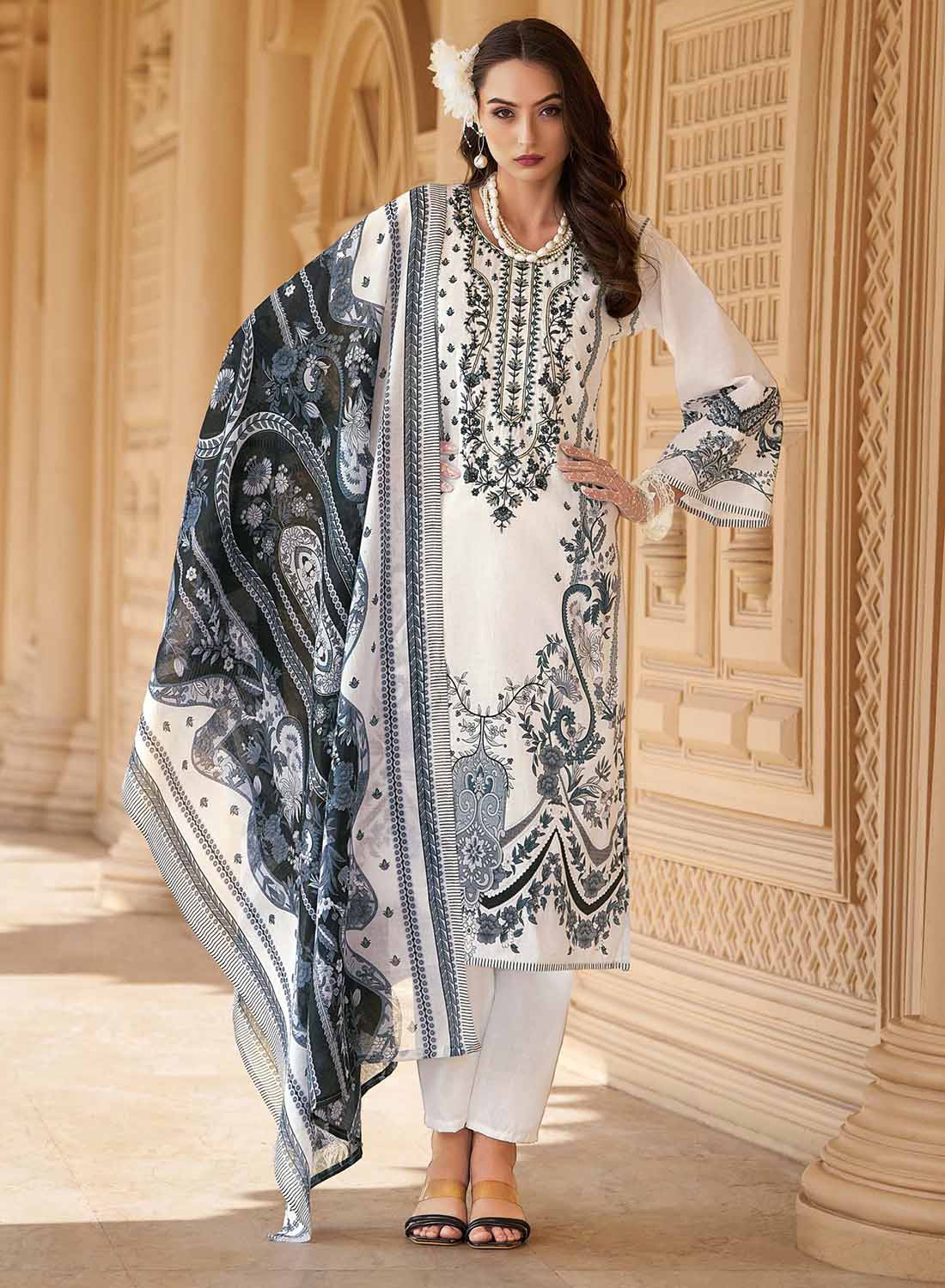 Pakistani Print White Unstitched Pure Cotton Suit Set Material with Embroidery