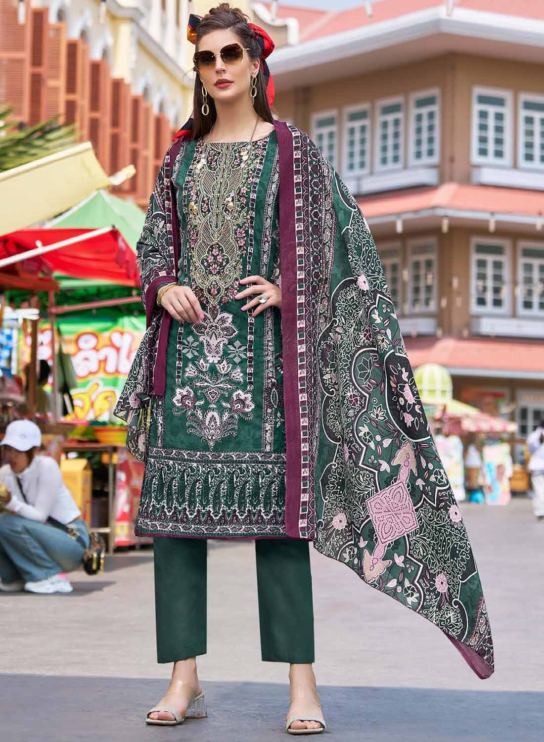 Women Green Pakistani Print Unstitched Pure Cotton Suit Dress Material