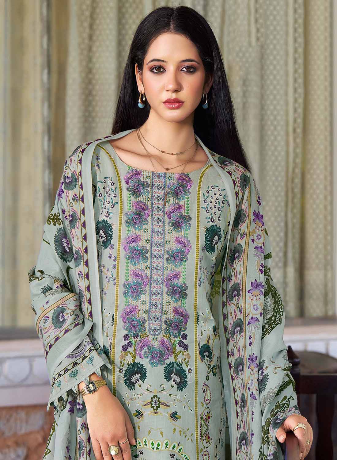 Pakistani Print Grey Unstitched Pure Cotton Suit Set Material with Embroidery