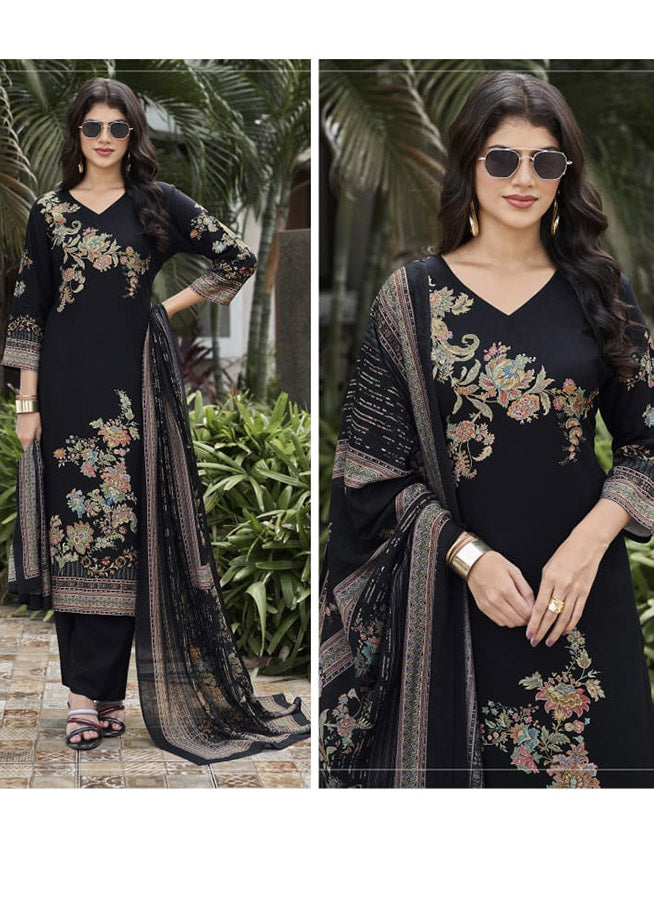 Black Pashmina Unstitched Winter Salwar Suit Material with Muslin Dupatta