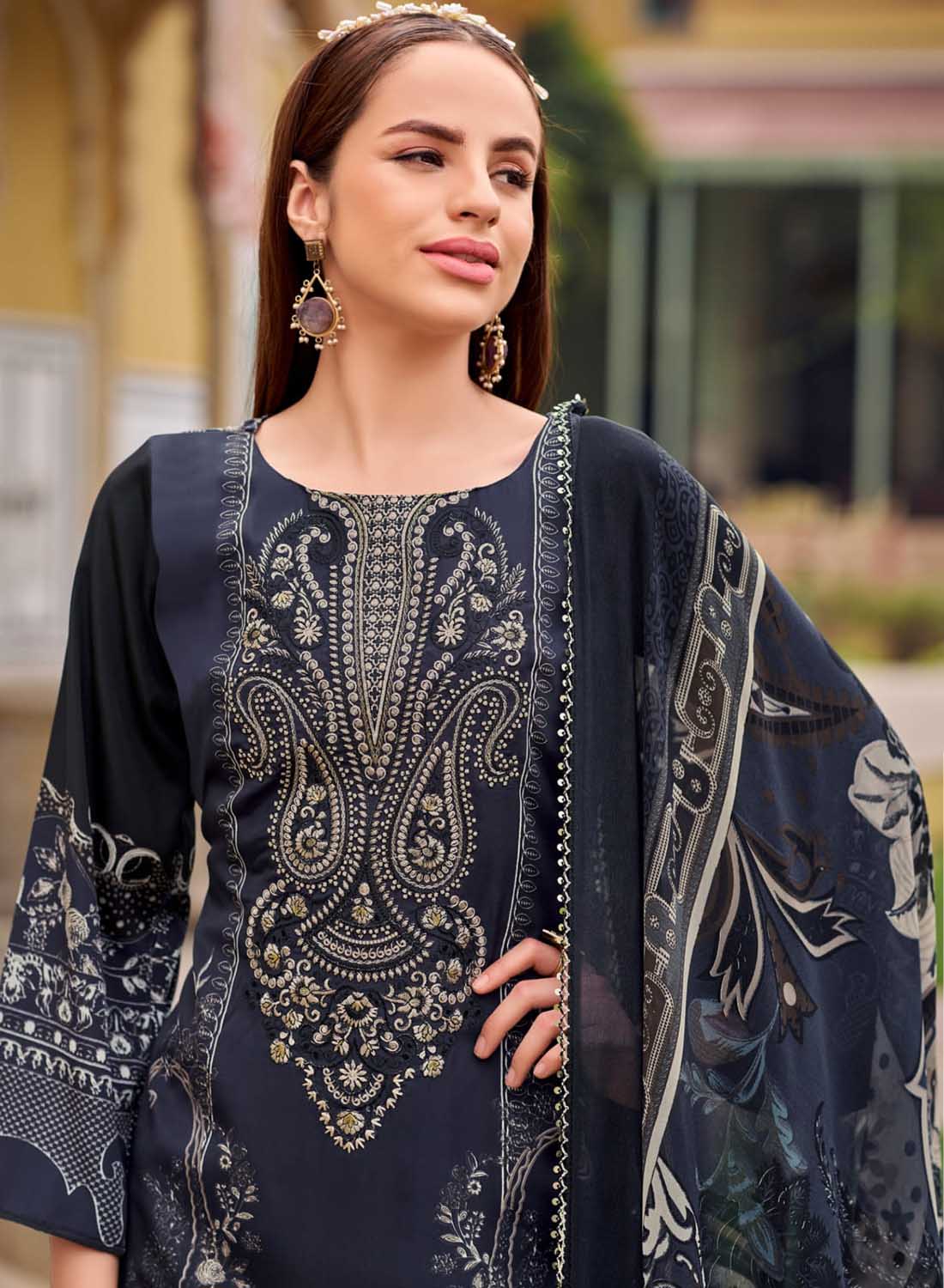 Pakistani Print Unstitched Pure Cotton Suit Material with Embroidery