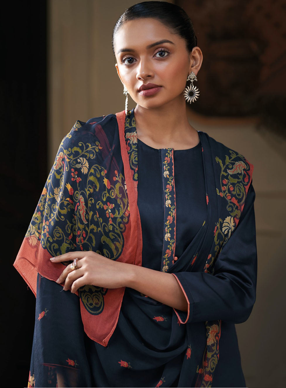 Ganga Cotton Silk Blue Unstitched Salwar Suit Material with Chiffon Dupatta