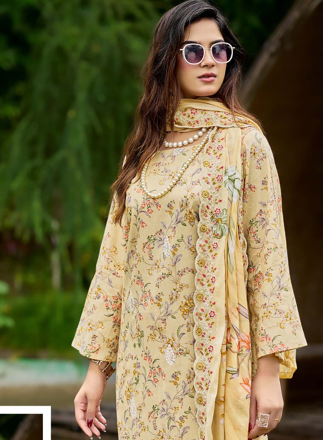 Pakistani Cotton Suit Dress Material for Women Unstitched with Embroidery Beige