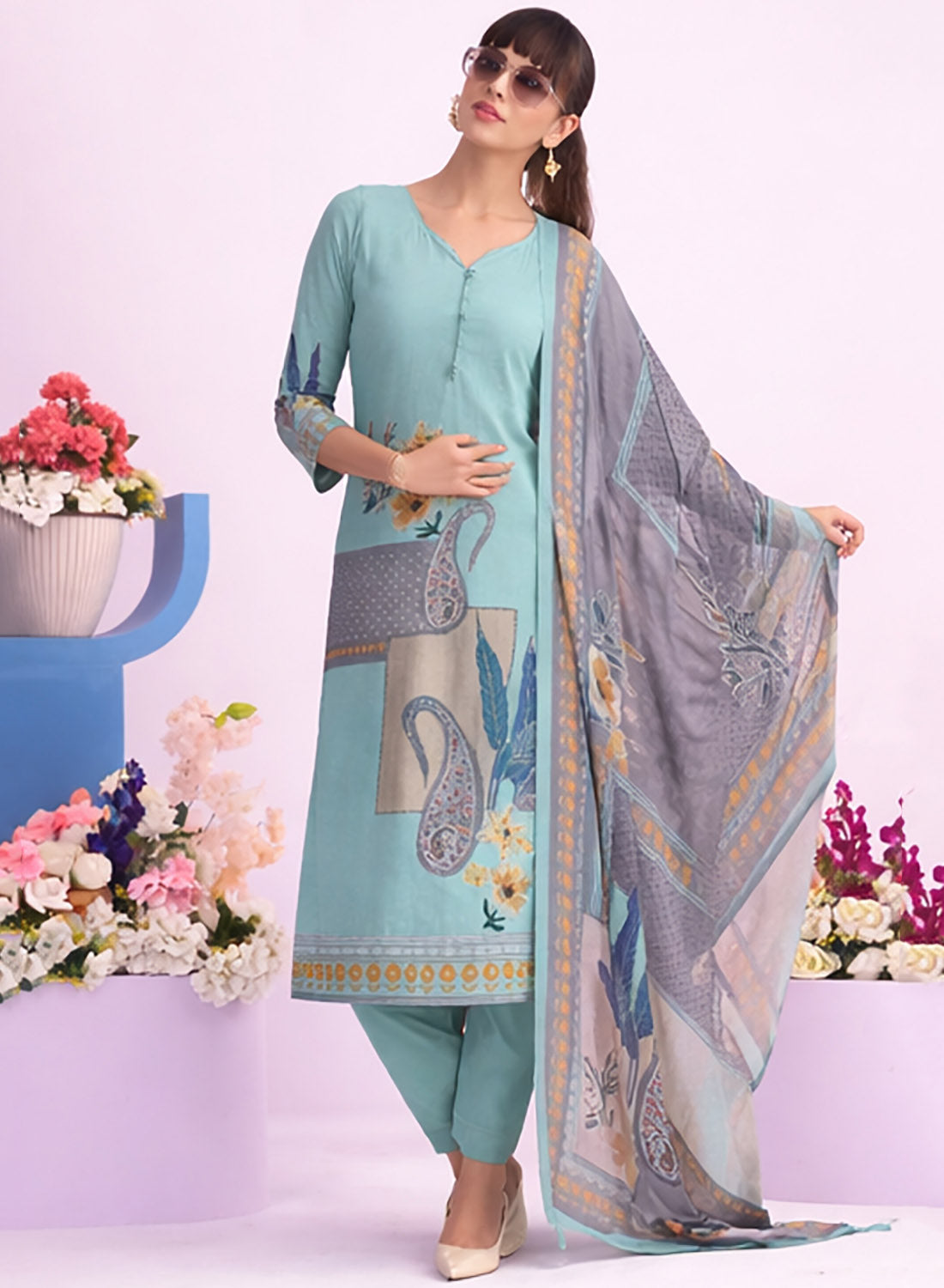 Pure Chanderi Cotton Unstitched Suit for Women with Dupatta