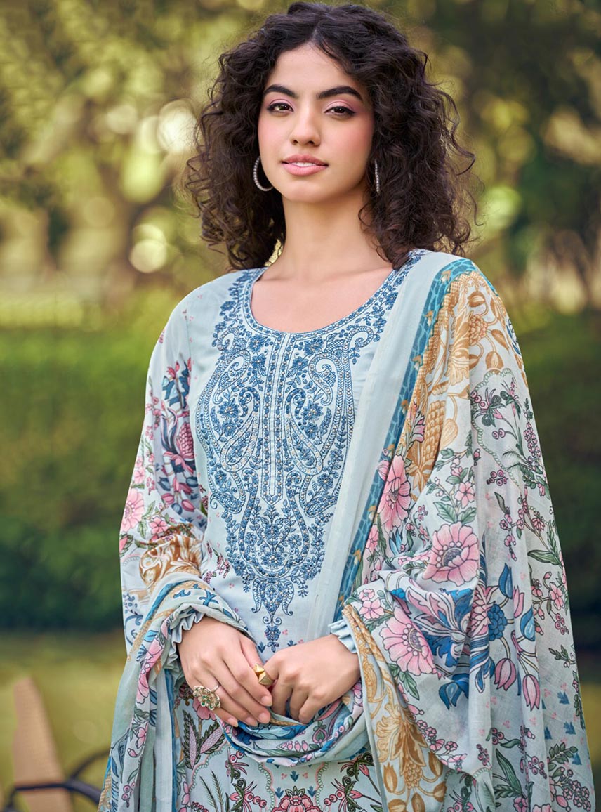 Pakistani Pure Cotton Unstitched Suit Material with Embroidery Blue