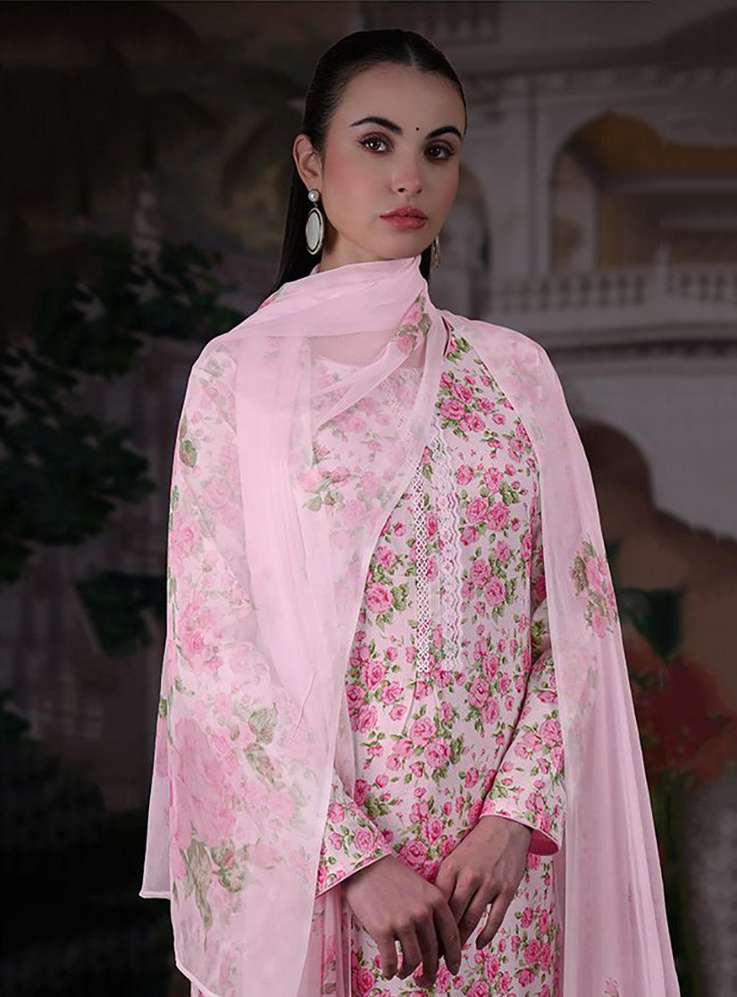 Light Pink Pure Cotton Unstitched Suit Set Material with Chiffon Dupatta