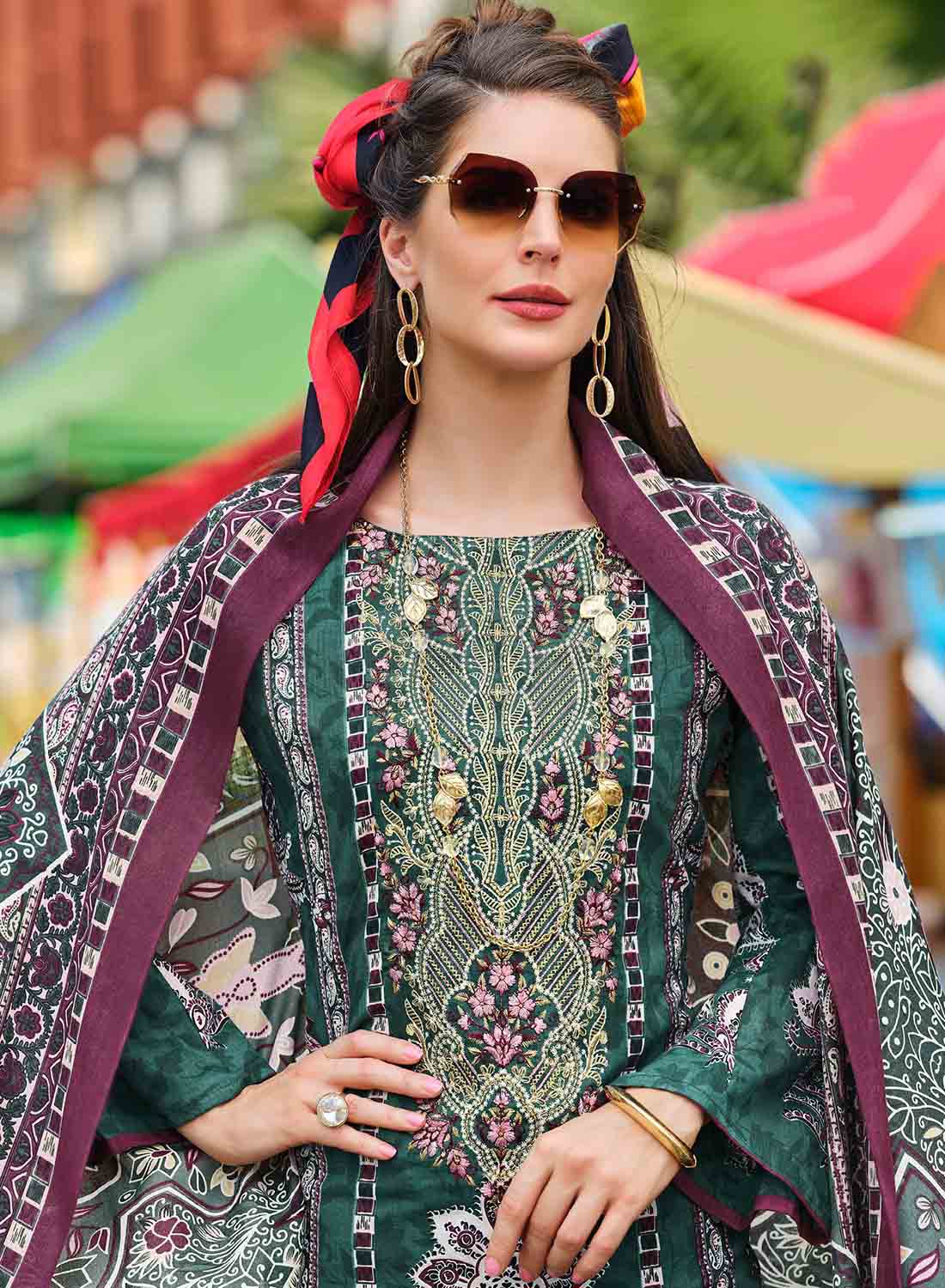 Women Green Pakistani Print Unstitched Pure Cotton Suit Dress Material