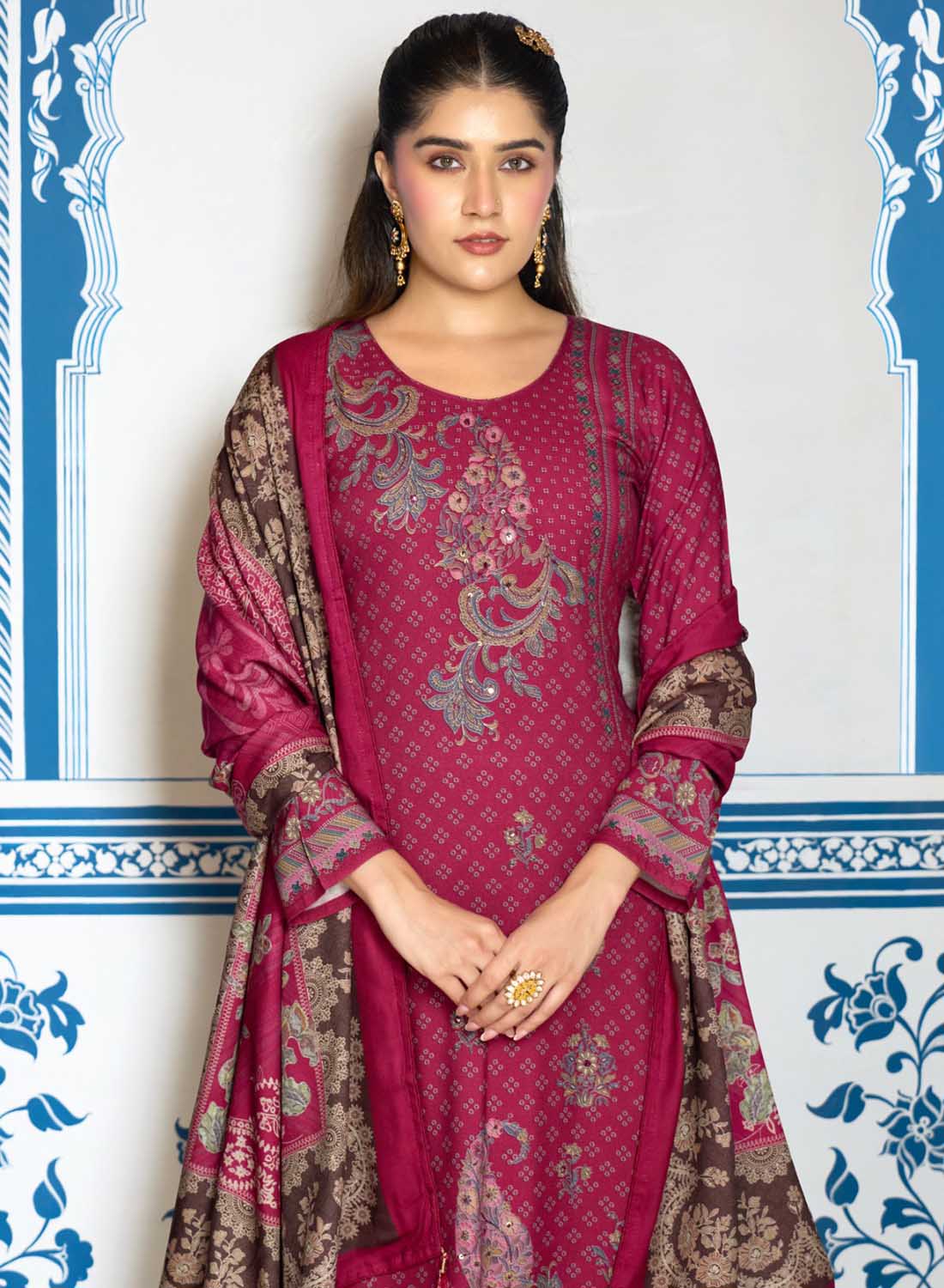 Pink Winter Pashmina Unstitched Salwar Suit Set Material for Women