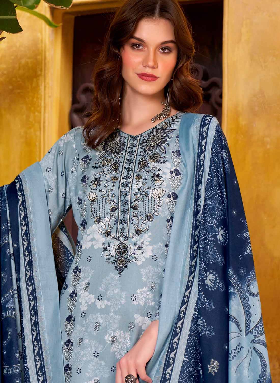 Blue Pure Cotton Pakistani Print Unstitched Salwar Suit Material with Dupatta