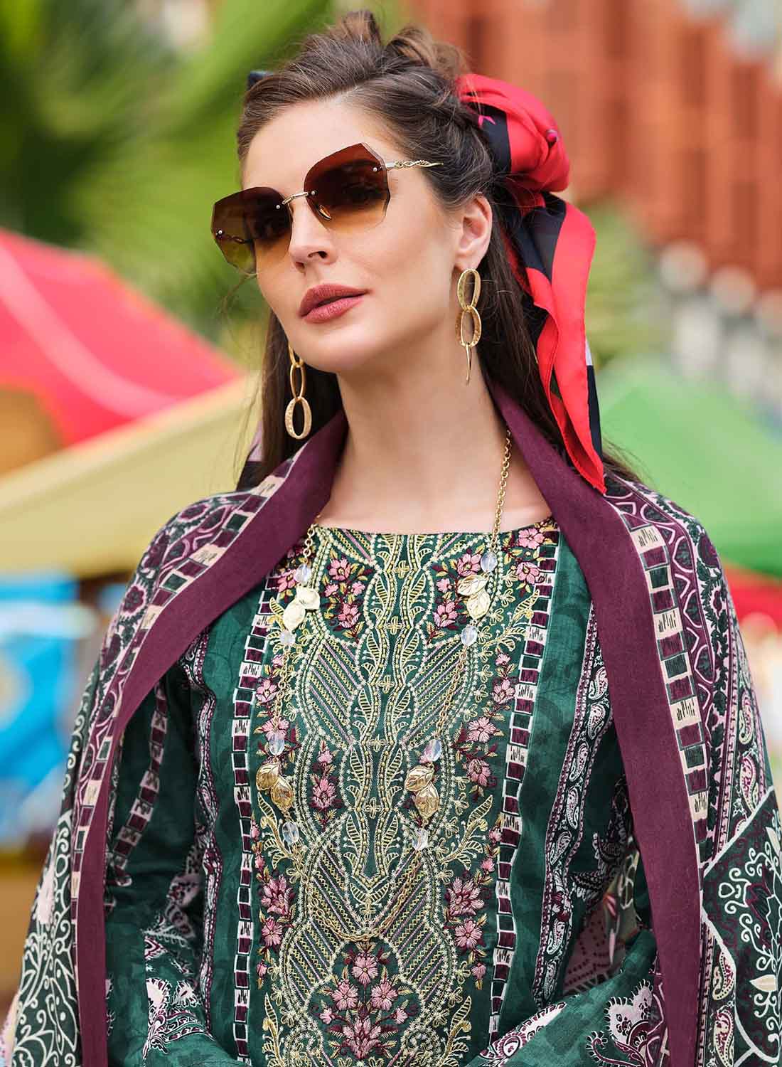 Women Green Pakistani Print Unstitched Pure Cotton Suit Dress Material