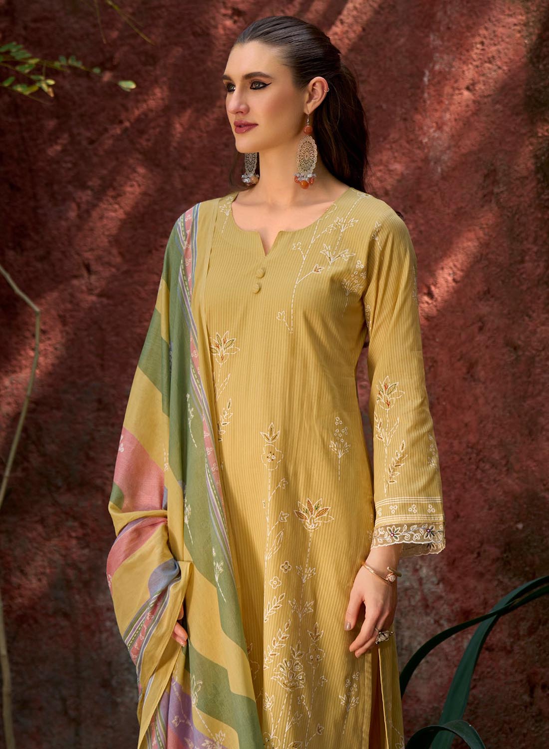 Lawn Cotton Unstitched Beige Salwar Suit Material for Women with Dupatta