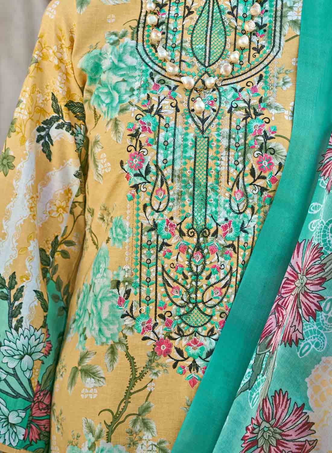 Women's Pakistani Print Unstitched Pure Cotton Suit with Embroidery