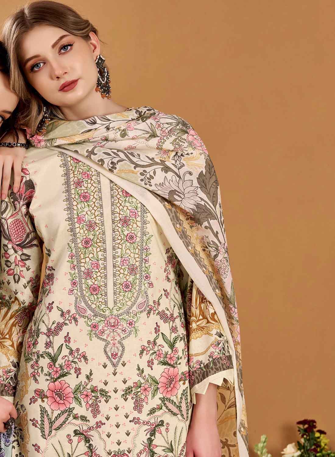 Pakistani Print Pure Cotton Unstitched Salwar Suit Material with Embroidery