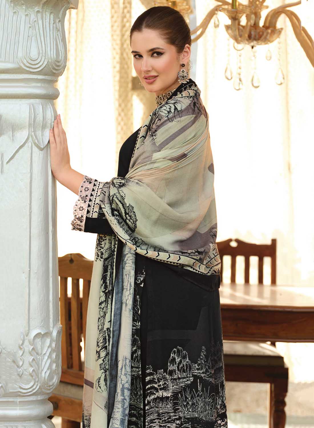 Black Viscose Pashmina Unstitched Winter Salwar Suit Material for Women