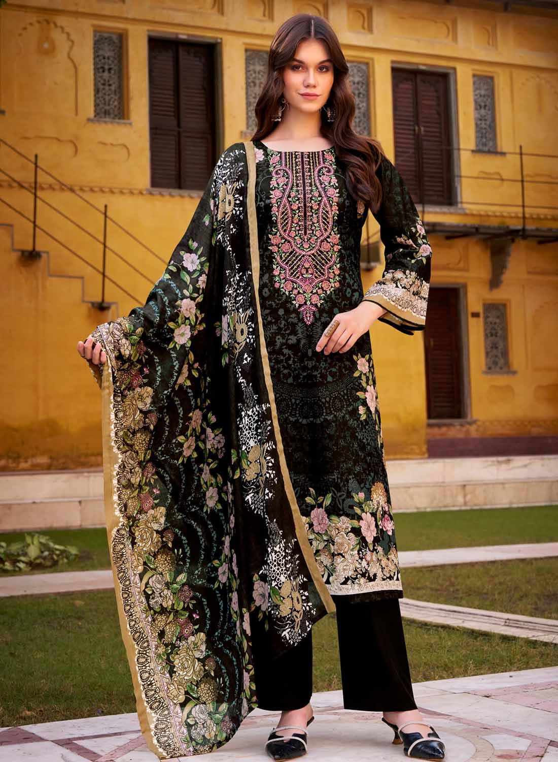 Black Pure Cotton Pakistani Print Unstitched Salwar Suit Set with Embroidery