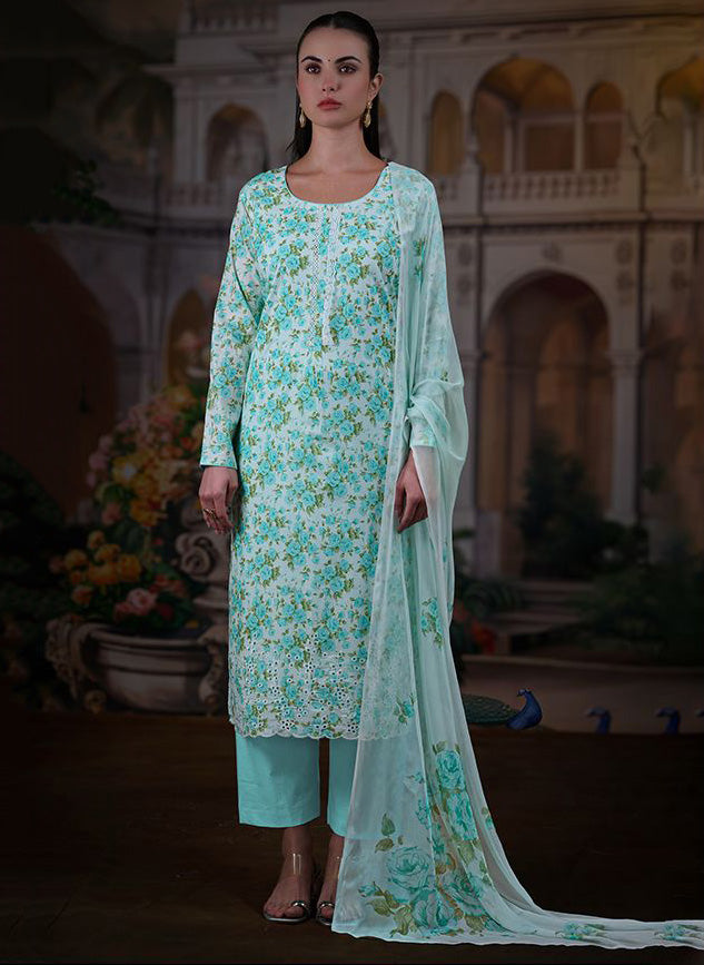 Pure Cotton Unstitched Suit Set Dress Material with Chiffon Dupatta