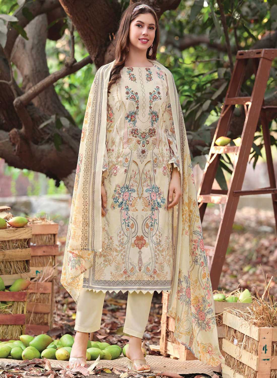 Pakistani Print Unstitched Pure Cotton Suit Dress Material with Embroidery