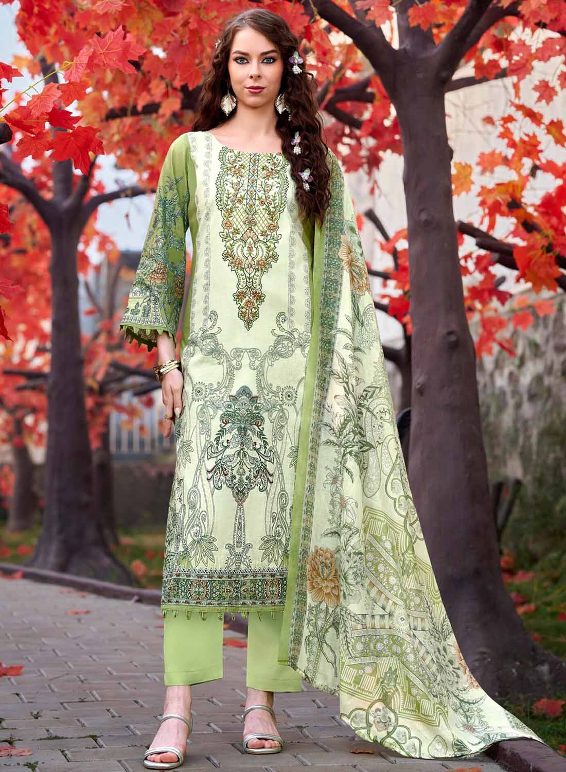 Pakistani Pure Cotton Unstitched Suit Dress Material with Embroidery Green