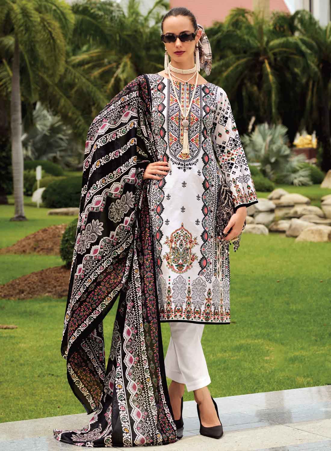Women's White Pakistani Print Unstitched Pure Cotton Suit Dress Material