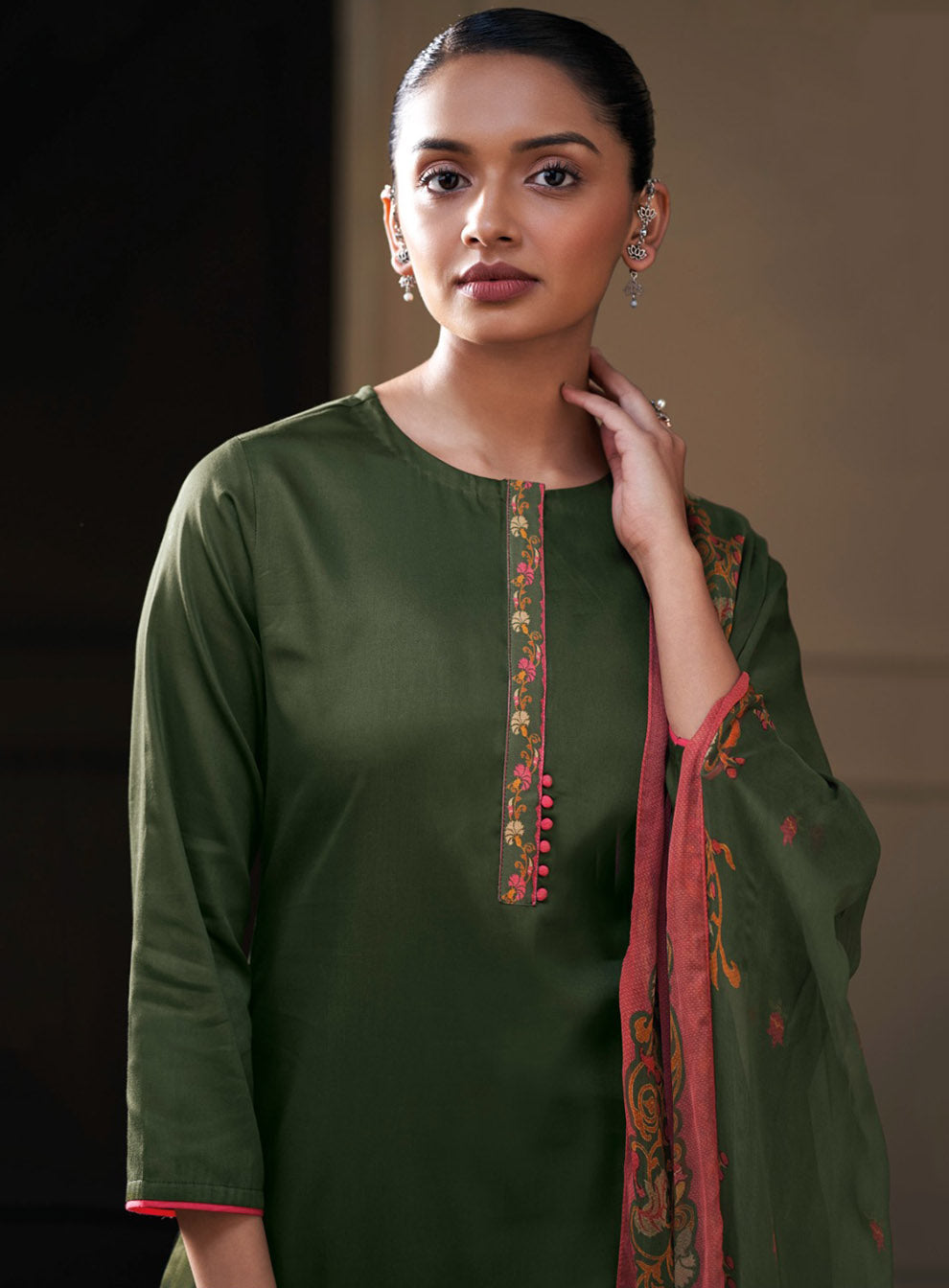 Ganga Cotton Silk Green Unstitched Salwar Suit Material with Chiffon Dupatta