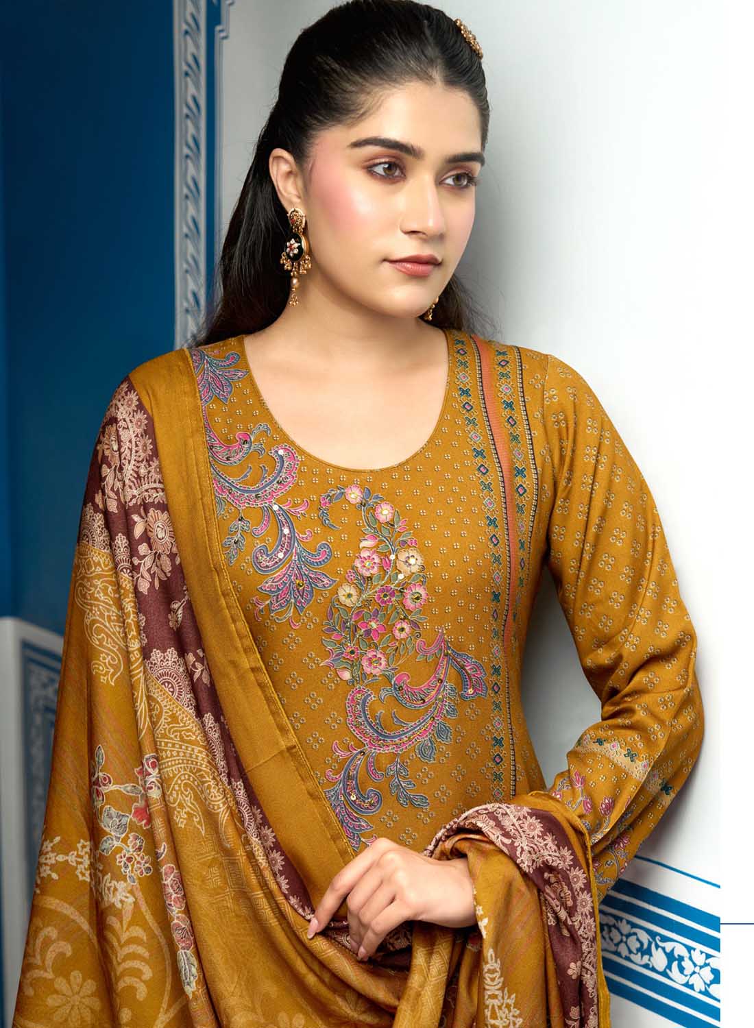 Mustard Winter Pashmina Unstitched Salwar Suit Set Material for Women