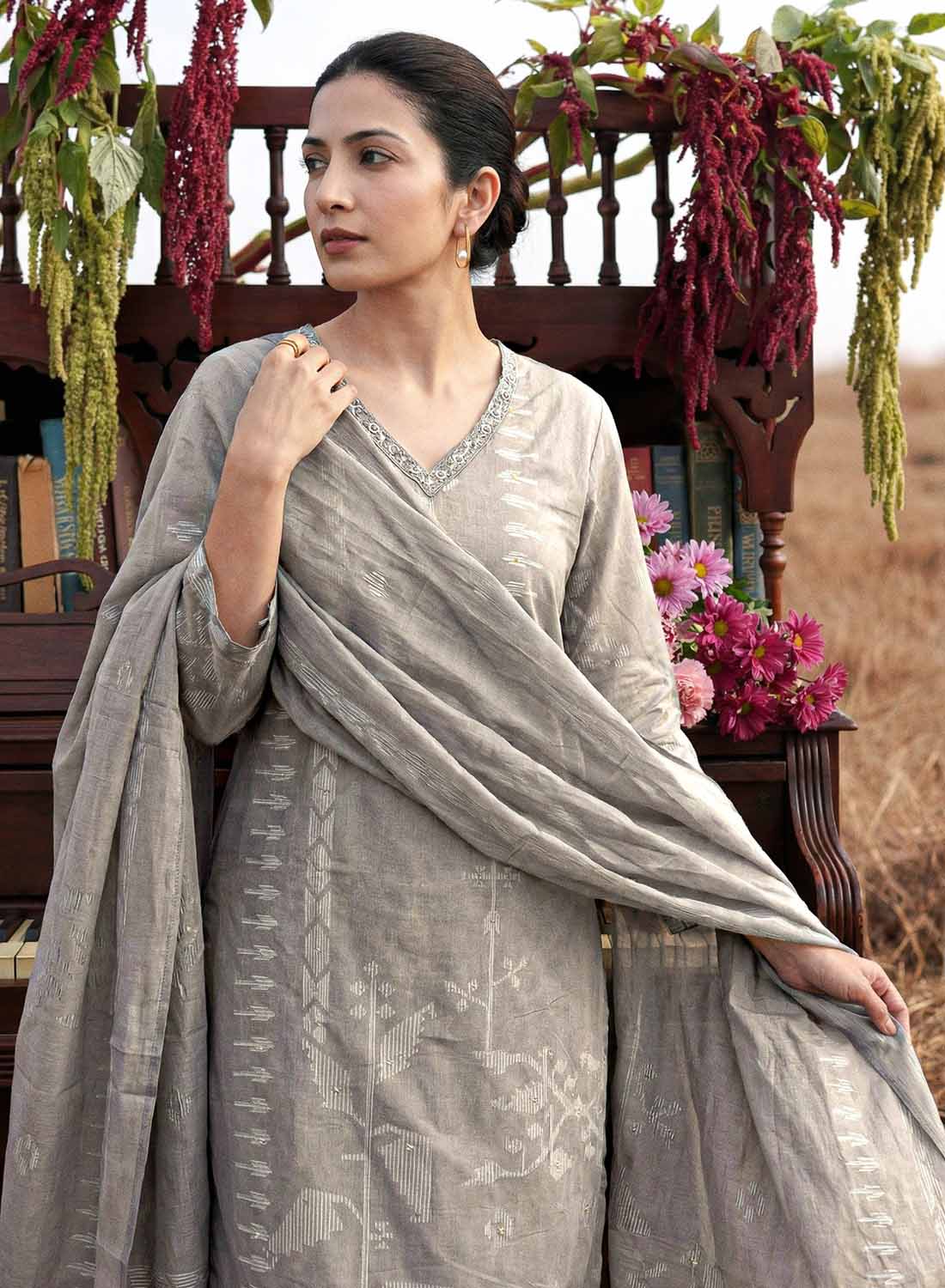 Pure Lawn Cotton Grey Unstitched Suit Dress Material for Women