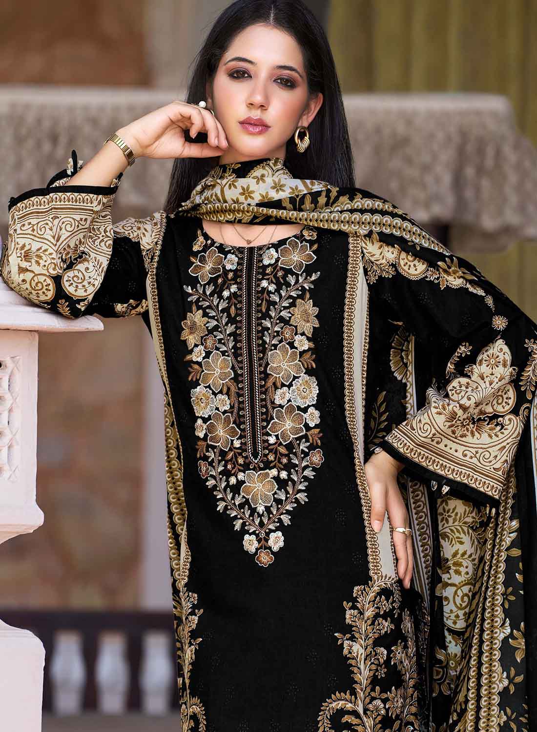 Pakistani Print Black Unstitched Pure Cotton Suit Set Material with Embroidery