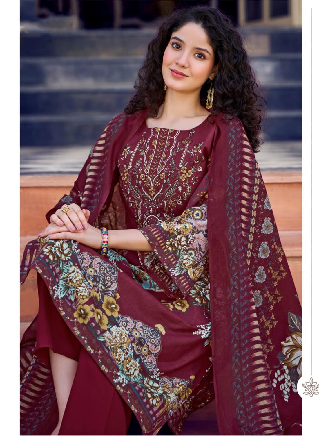 Maroon Pakistani Print Unstitched Pure Cotton Salwar Suit Material