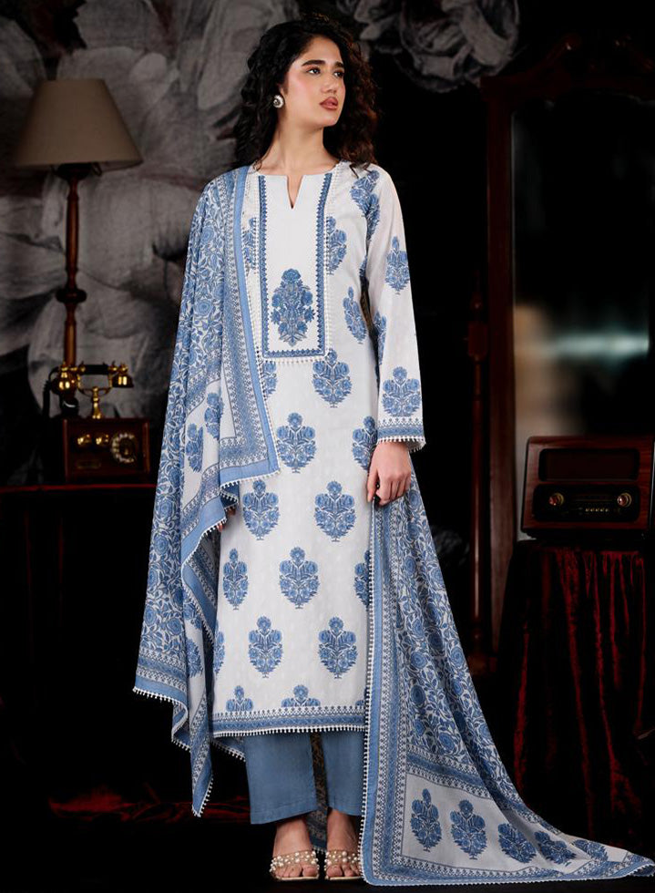 White Mul Chanderi Unstitched Salwar Suit Material with Embroidery for Women