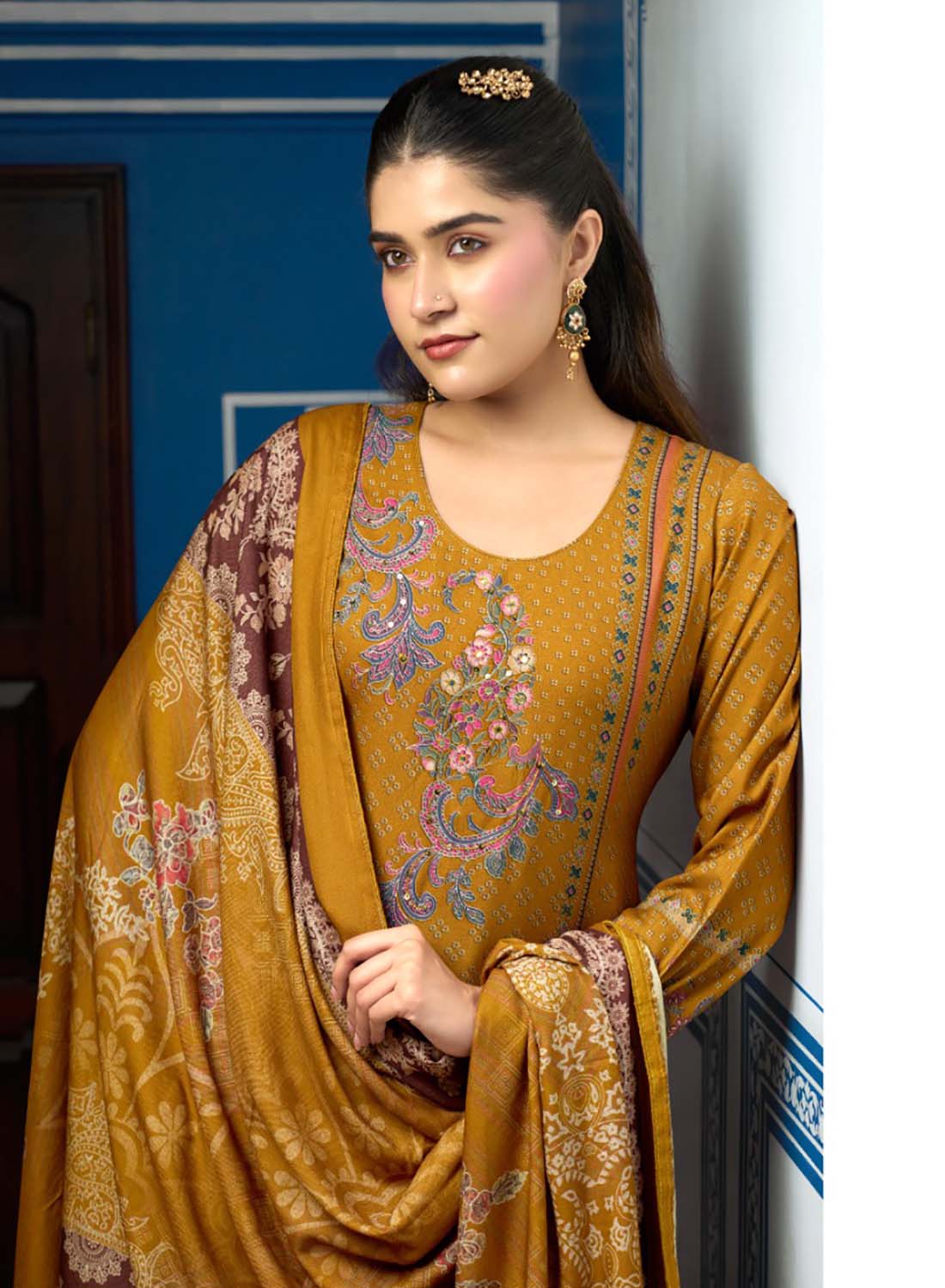 Mustard Winter Pashmina Unstitched Salwar Suit Set Material for Women