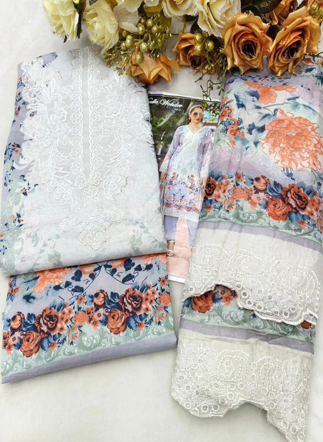 Cotton Pakistani Suit Grey Unstitched Material with Embroidery Patch