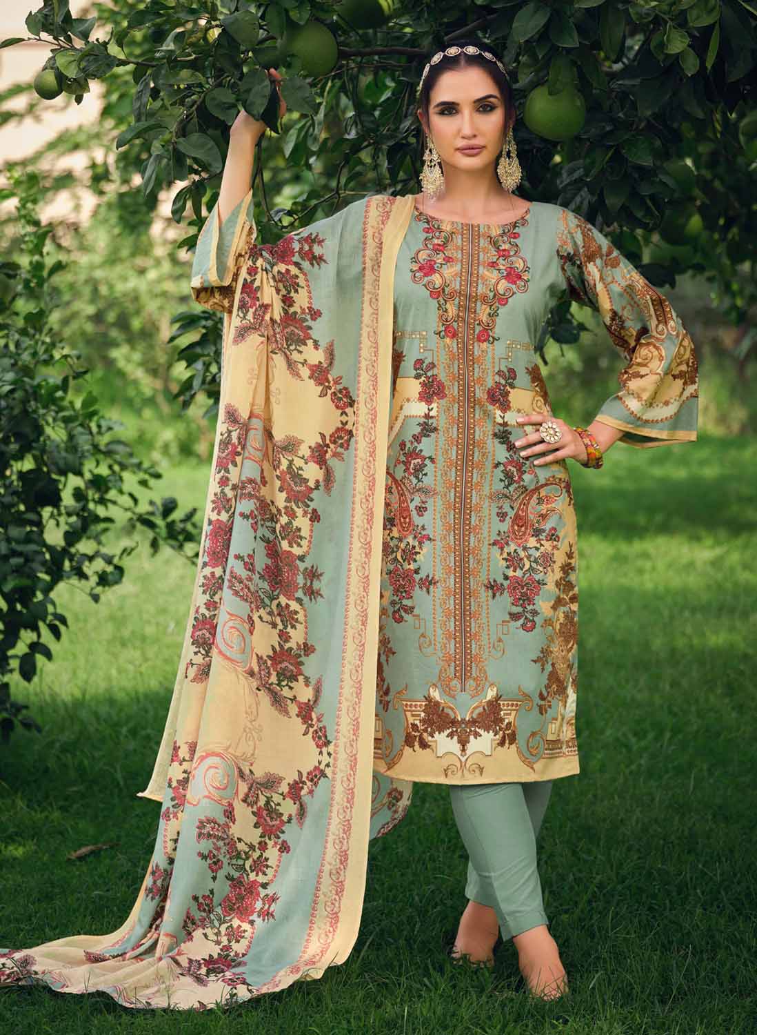 Belliza Cotton Pakistani Print Unstitched Women Salwar Suit Green
