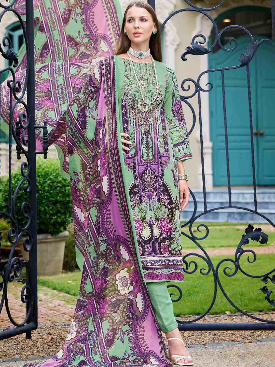 Women's Green Pakistani Print Unstitched Cotton Suit Dress Material Stilento Women's Green Pakistani Print Unstitched Cotton Suit Dress Material Stilento