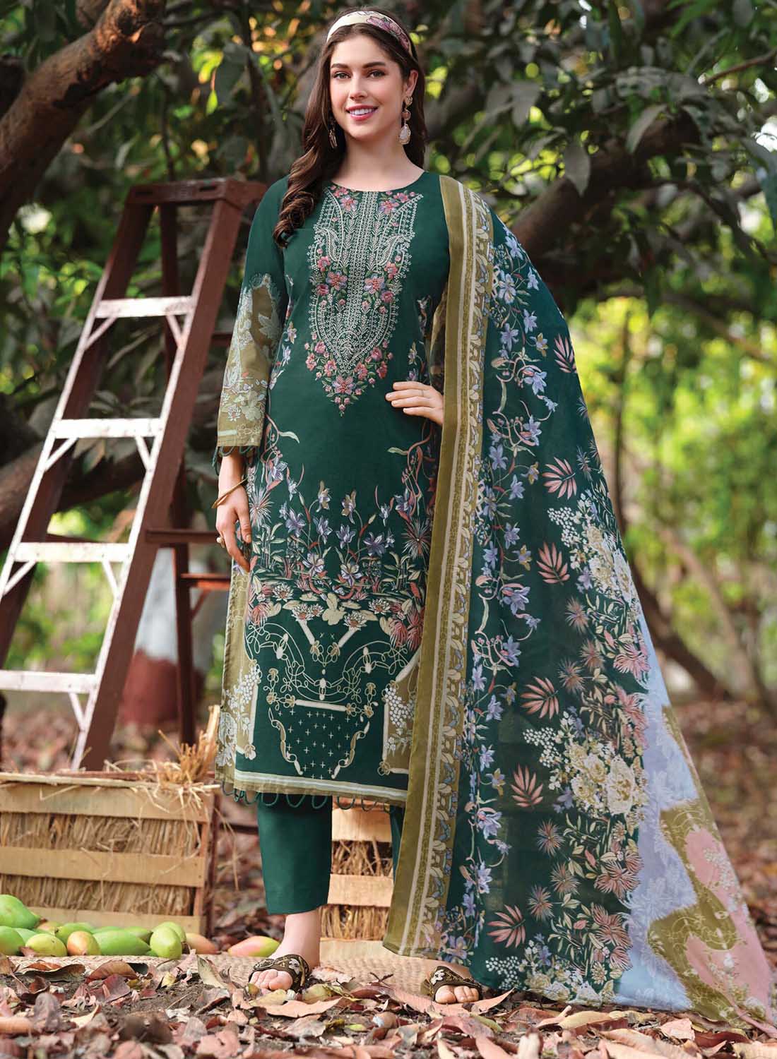 Pakistani Print Unstitched Pure Cotton Salwar Suit Material with Embroidery