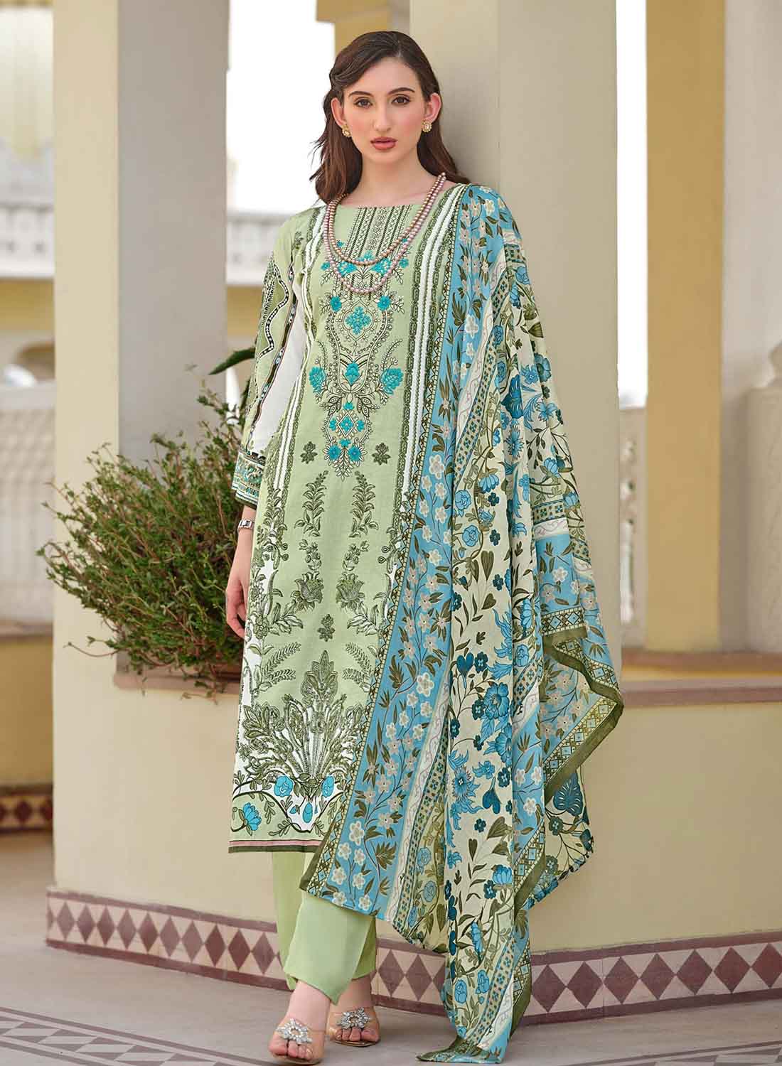 Women's Green Pakistani Print Unstitched Cotton Suit Dress Material