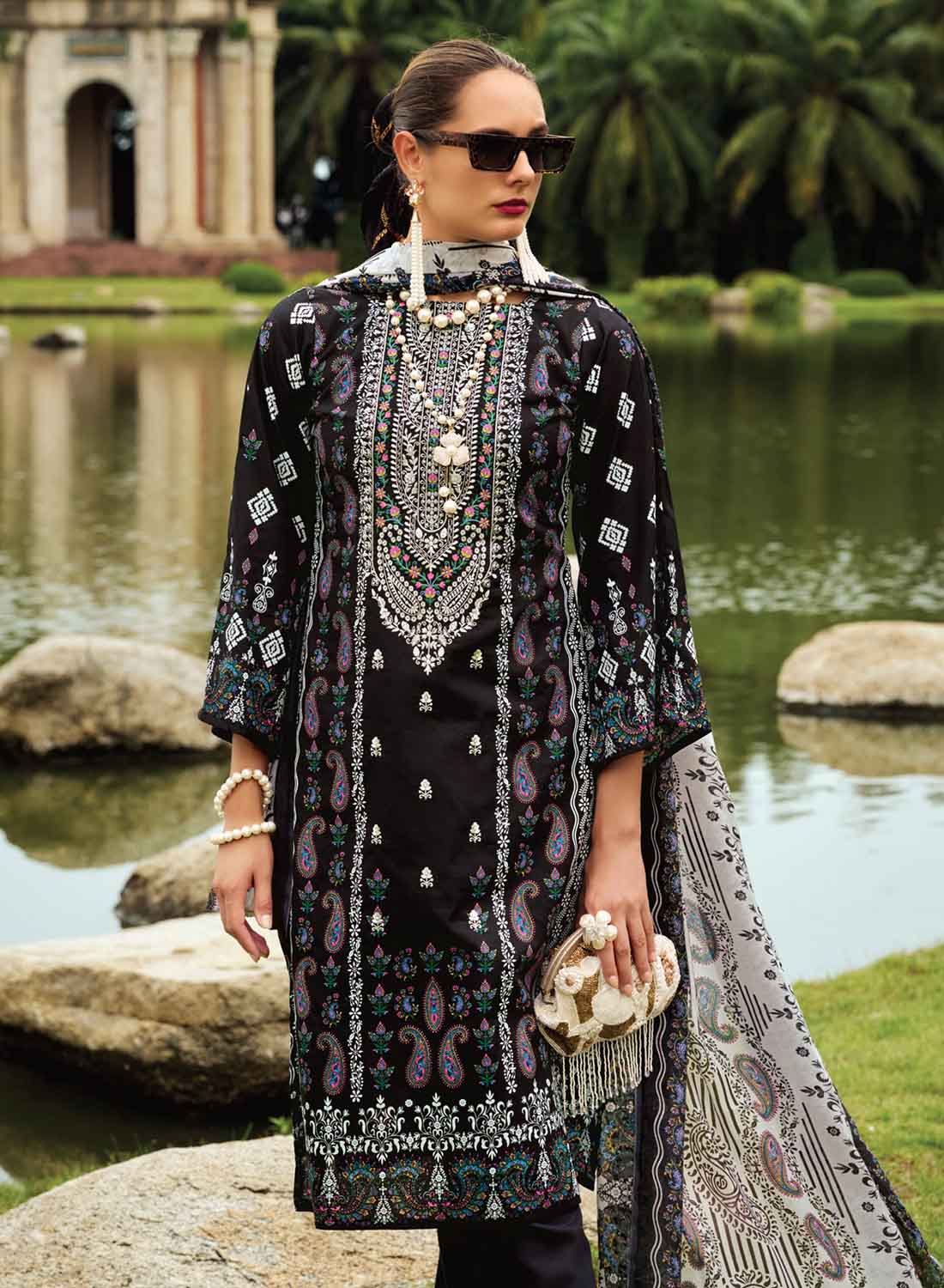 Women's Black Pakistani Print Unstitched Pure Cotton Salwar Suit Material
