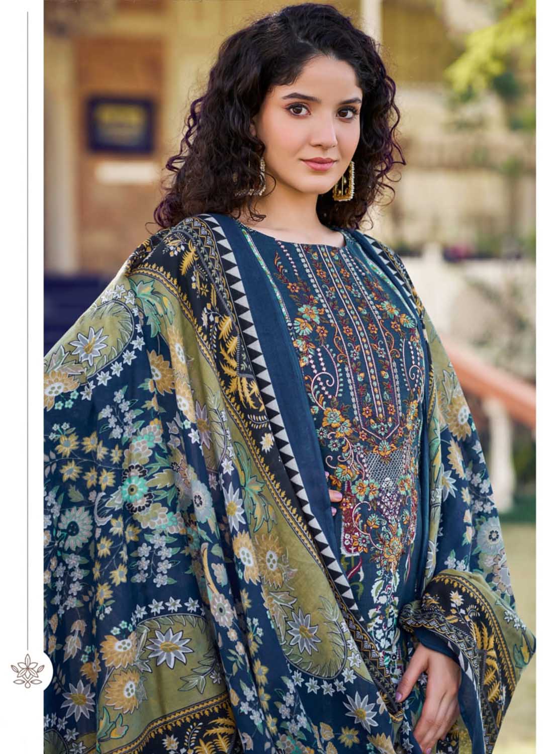 Blue Pakistani Print Unstitched Pure Cotton Salwar Suit Material