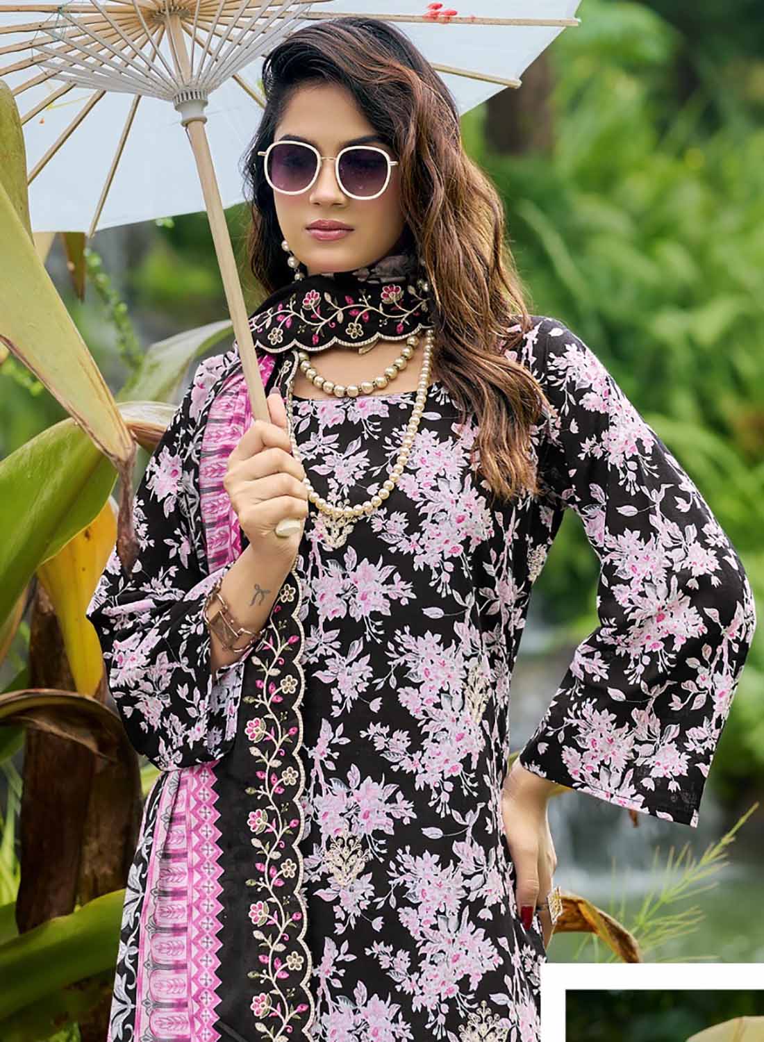 Pakistani Cotton Suit Dress Material for Women Unstitched with Embroidery Black