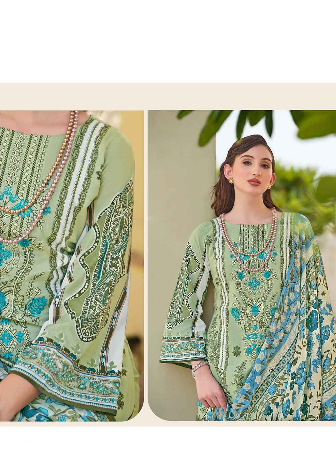 Women's Green Pakistani Print Unstitched Cotton Suit Dress Material