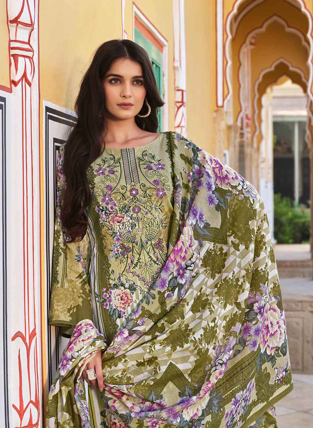 Belliza Pakistani Print Green Unstitched Women Cotton Suit Material