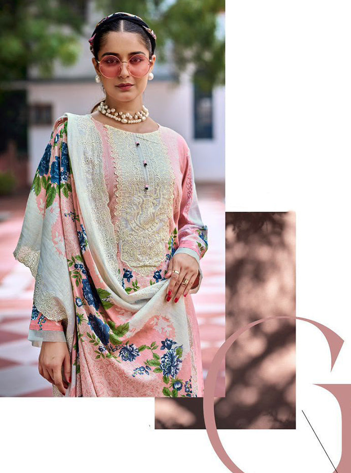 Cotton Pakistani Suit Pink Unstitched Material with Embroidery Patch