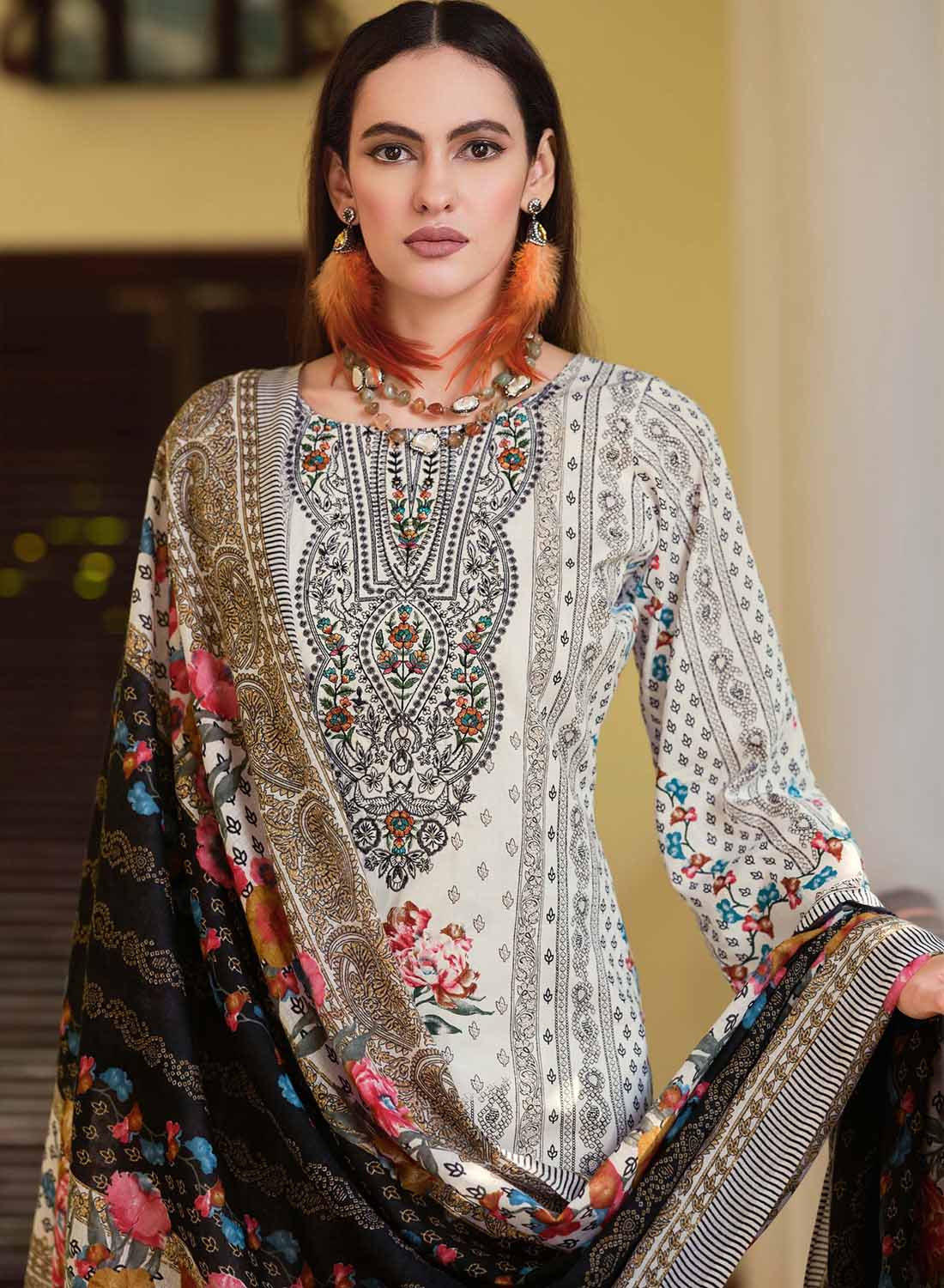 Pakistani Print Unstitched Pure Cotton Salwar Suit Material with Embroidery