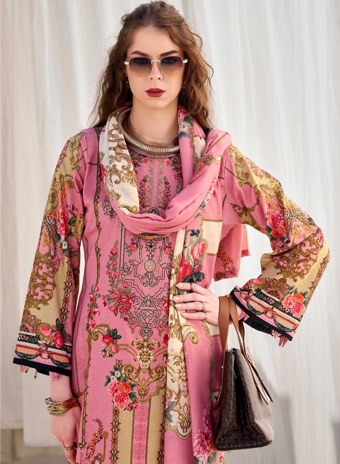 Pakistani Print Pure Cotton Pink Unstitched Suit Material with Embroidery
