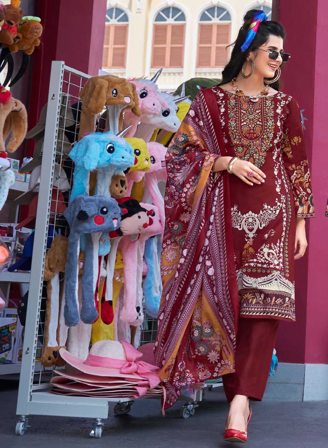 Women Pakistani Print Maroon Unstitched Pure Cotton Suit Dress Material