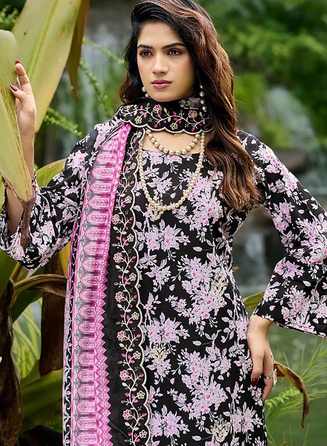 Pakistani Cotton Suit Dress Material for Women Unstitched with Embroidery Black