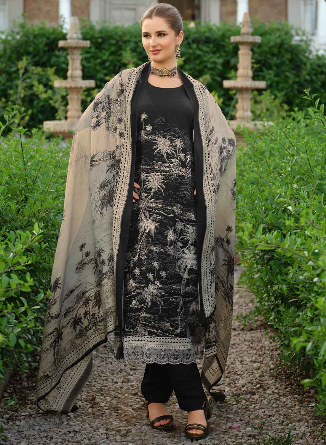 Black Viscose Pashmina Unstitched Winter Salwar Suit Dress Material