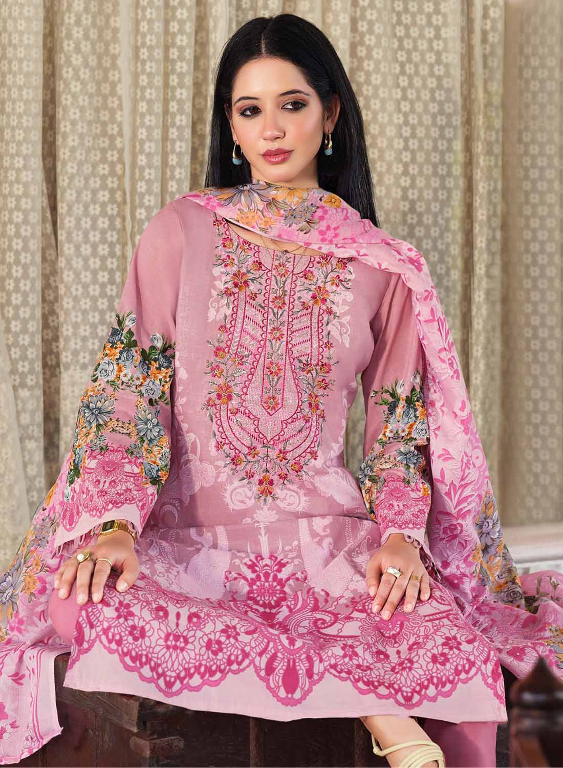 Pakistani Print Pink Unstitched Pure Cotton Suit Set Material with Embroidery