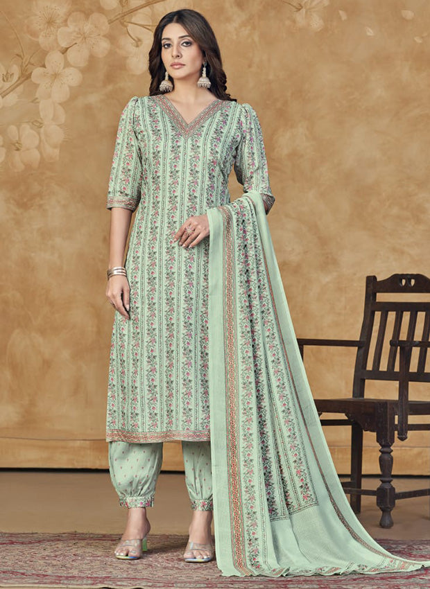 Rivaa Light Green Pashmina Unstitched Winter Suit Dress Material