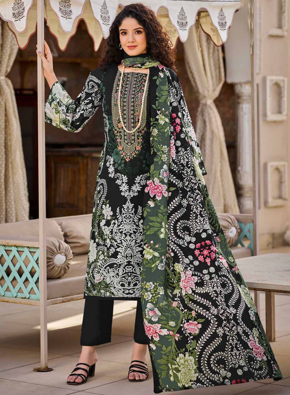 Black Pakistani Print Unstitched Pure Cotton Suit Set Dress Material