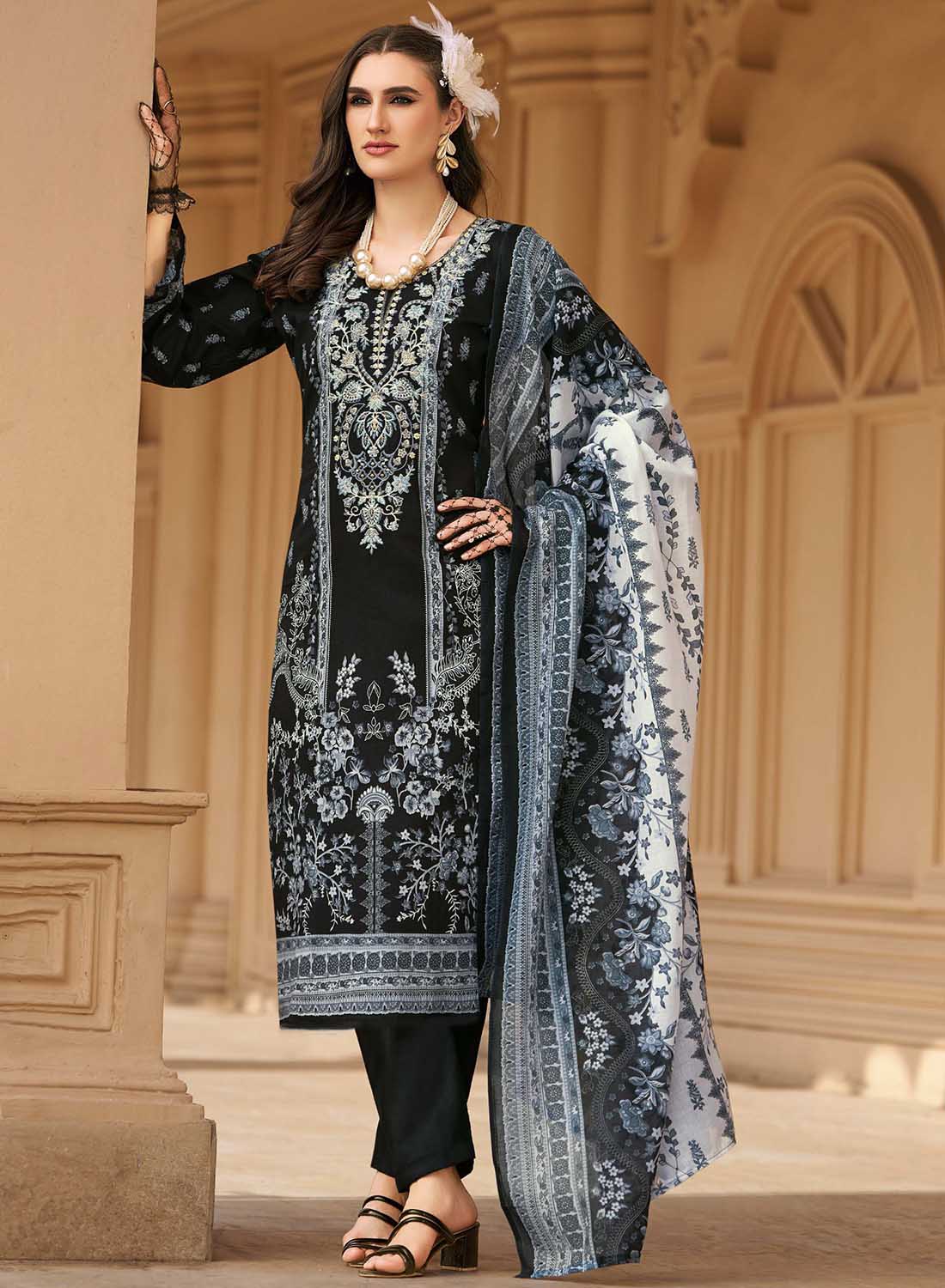 Pakistani Print Black Unstitched Pure Cotton Salwar Suit Material with Embroidery
